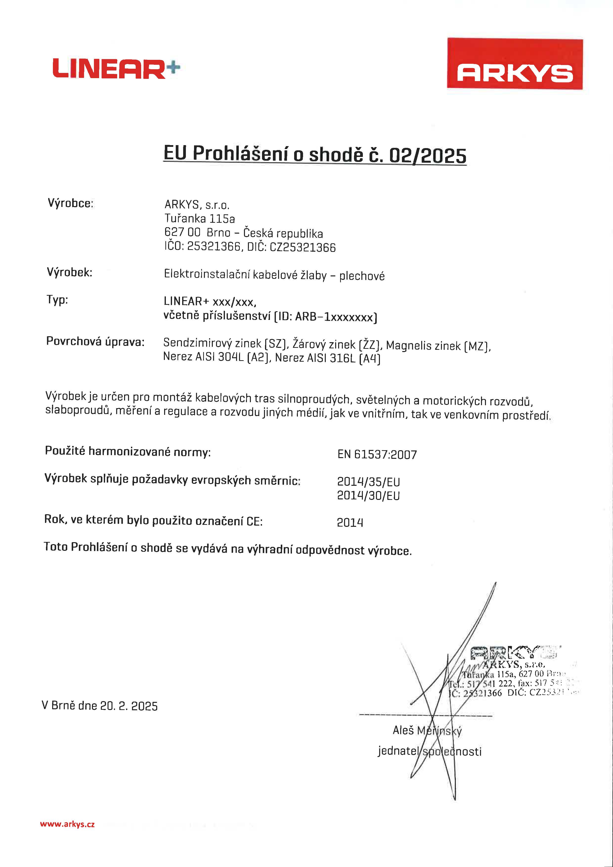 02. EU Prohl&aacute;&scaron;en&iacute; o shodě č 2-2025 Linear CZ