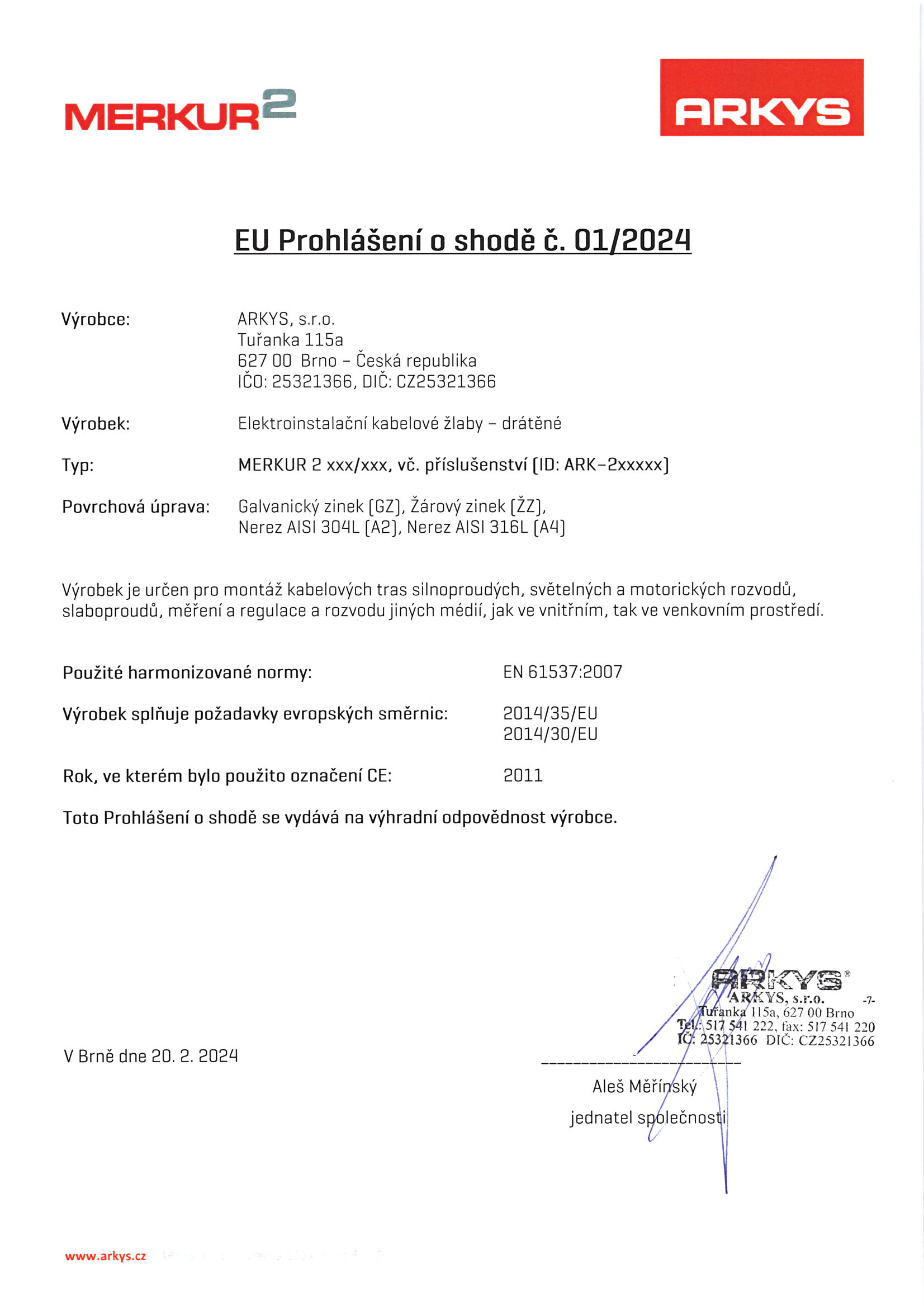 01. EU Prohlášení o shodě č 1-2024 Merkur CZ