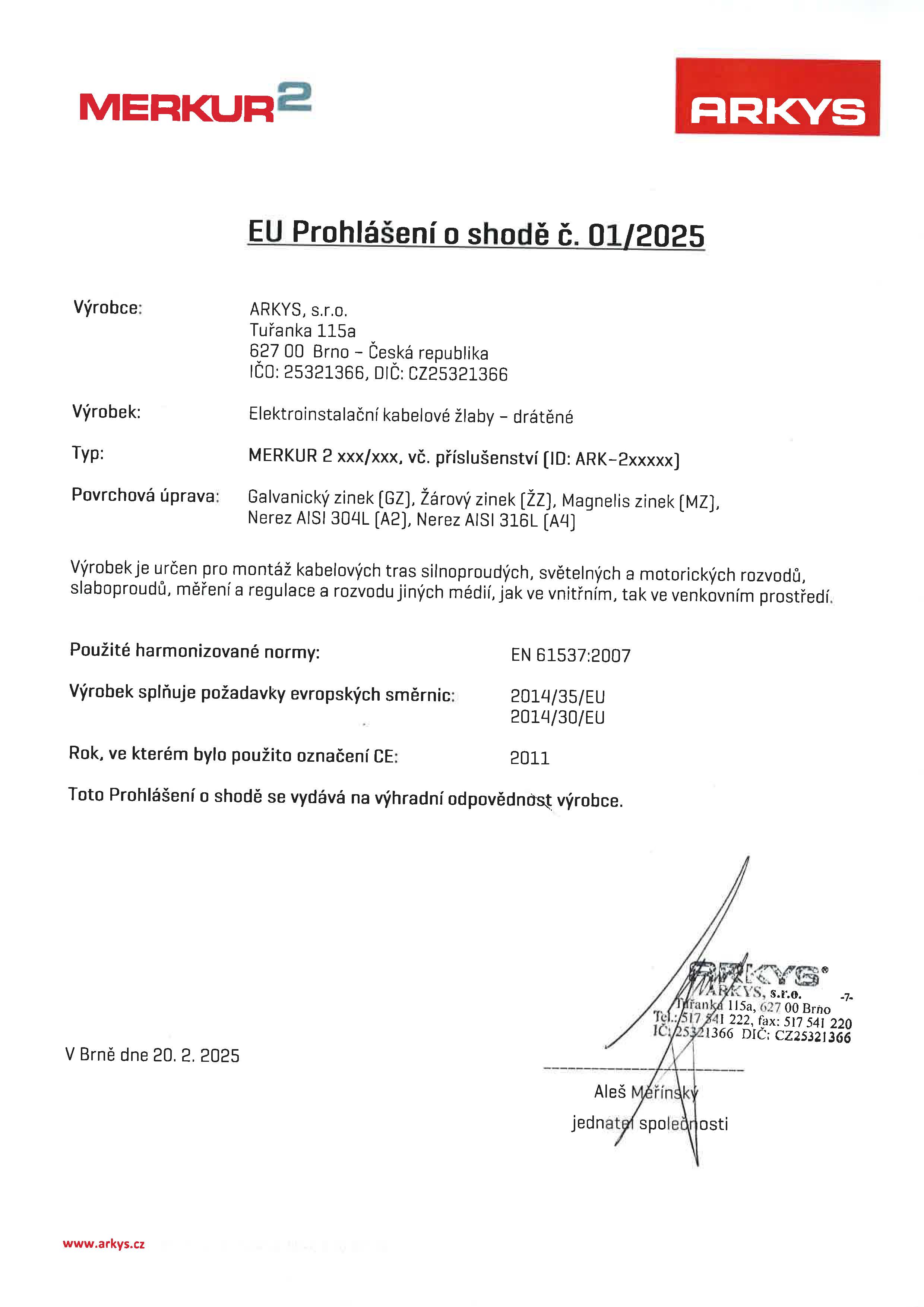 01. EU Prohl&aacute;&scaron;en&iacute; o shodě č 1-2025 Merkur CZ