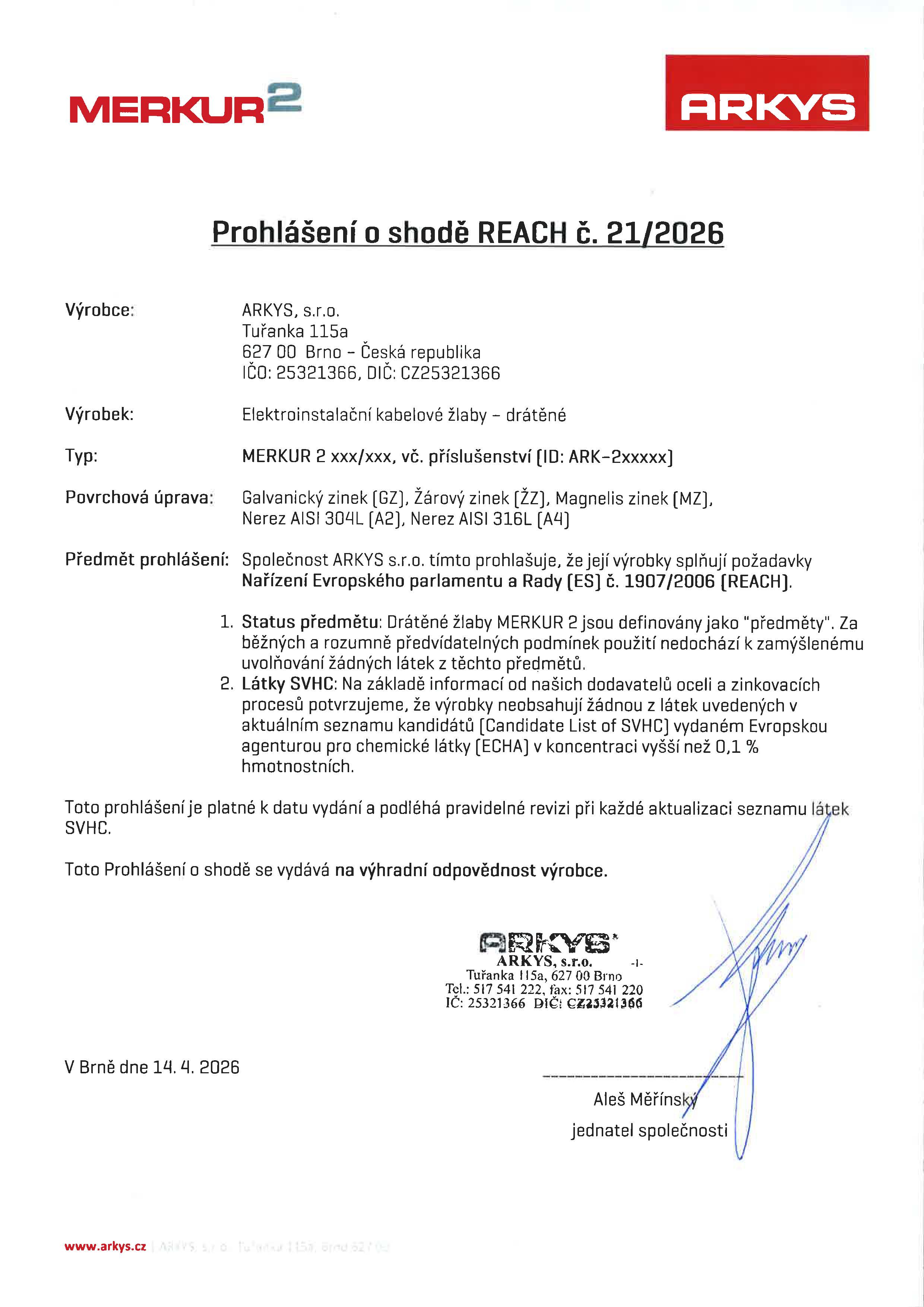 Prohl&aacute;&scaron;en&iacute; o shodě REACH č. 21 2026 CZ