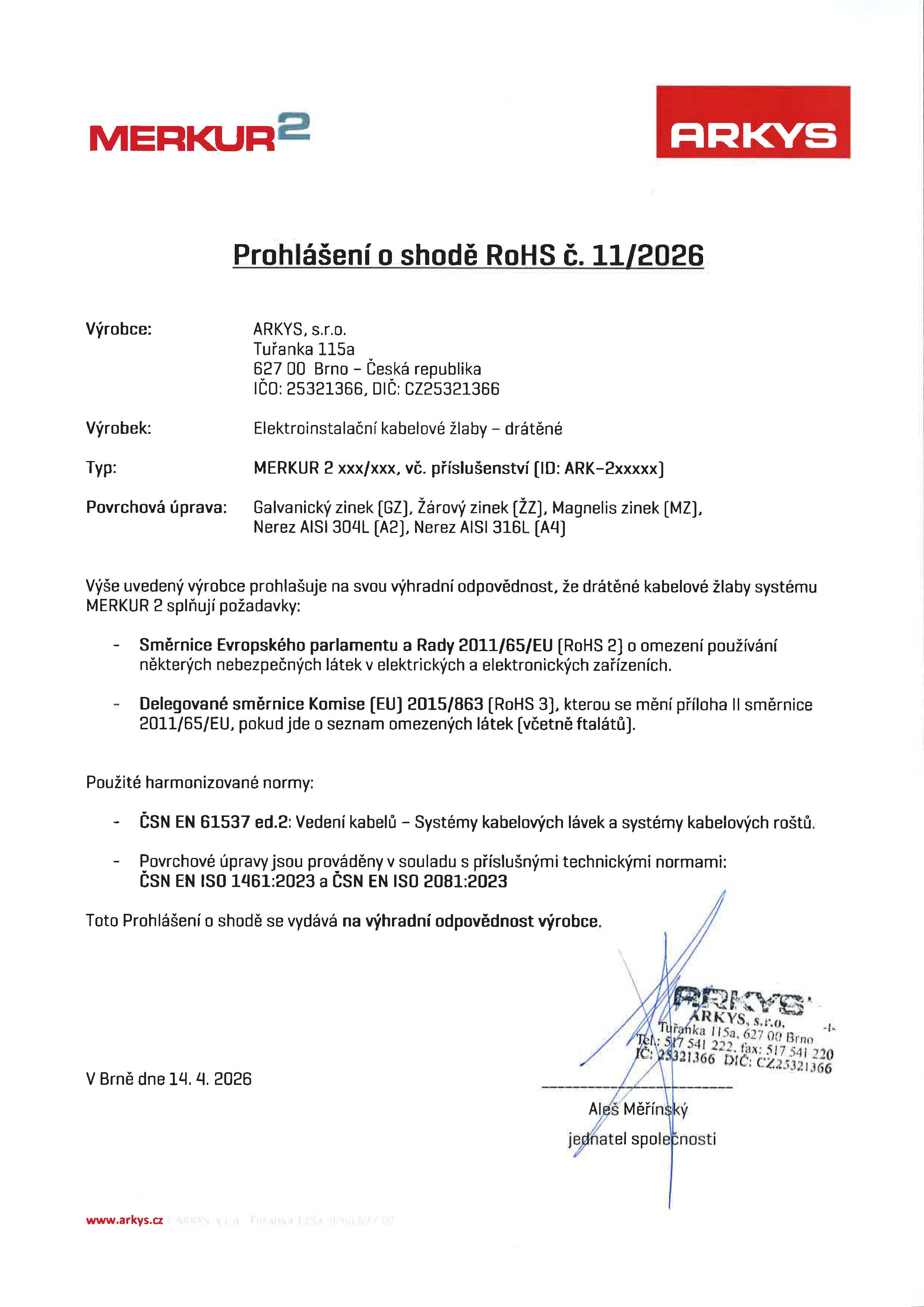 Prohl&aacute;&scaron;en&iacute; o shodě RoHS č. 11 2026 CZ