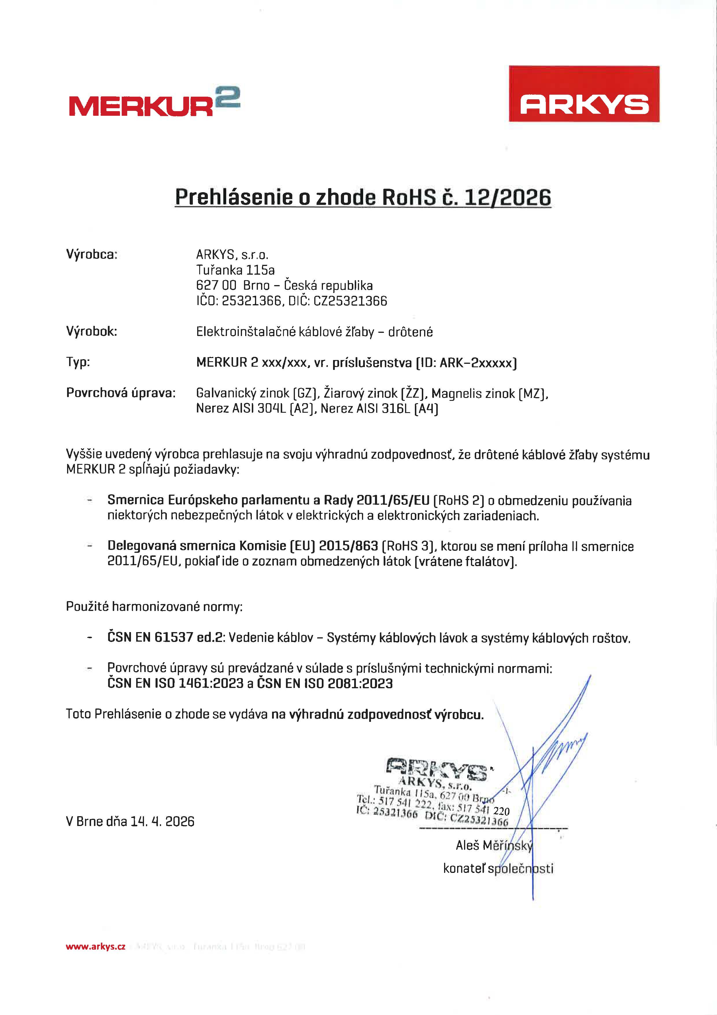Prohl&aacute;&scaron;en&iacute; o shodě RoHS č. 12 2026 SK