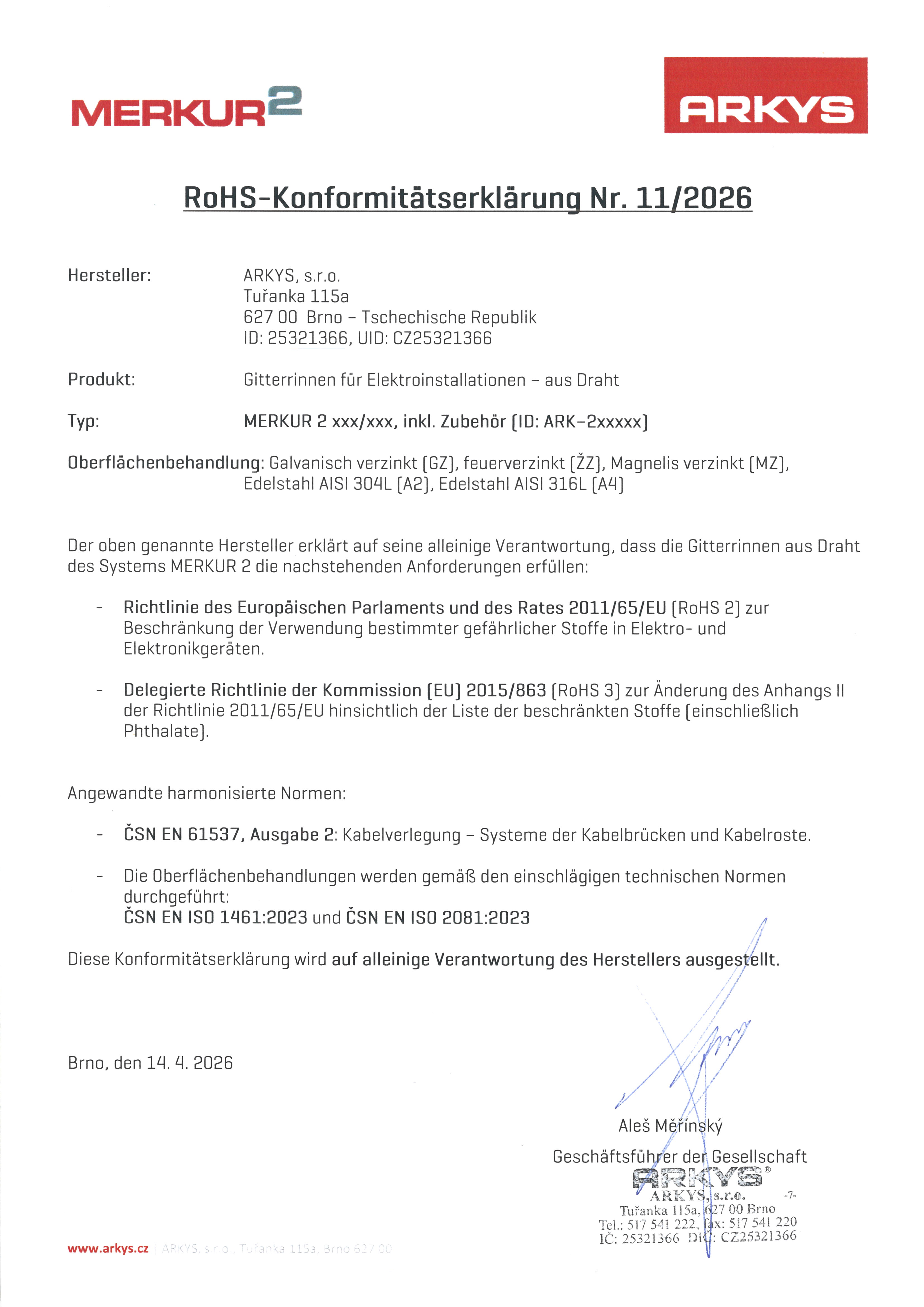 Prohl&aacute;&scaron;en&iacute; o shodě RoHS 11 2026 DE